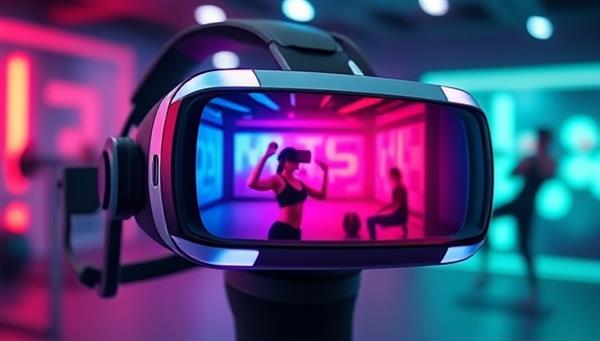 A futuristic VR headset displaying a vibrant virtual fitness environment with a user engaging in a dynamic workout, showcasing the immersive and exciting aspect of VR FitZone.