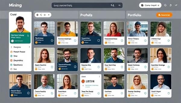 An interactive platform interface displaying profiles of mining industry professionals, complete with resumes, portfolios, and endorsements, showcasing a vibrant community of talent ready to meet the industry