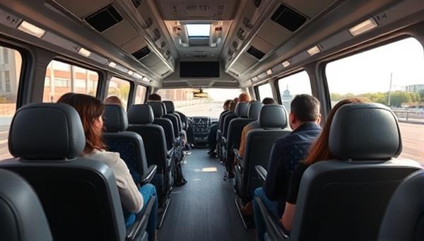 A sleek shuttle bus interior with comfortable seating, WiFi connectivity, and panoramic windows, transporting professionals and students to their destinations in style and comfort, illustrating the premium commuter experience offered by the shuttle service.
