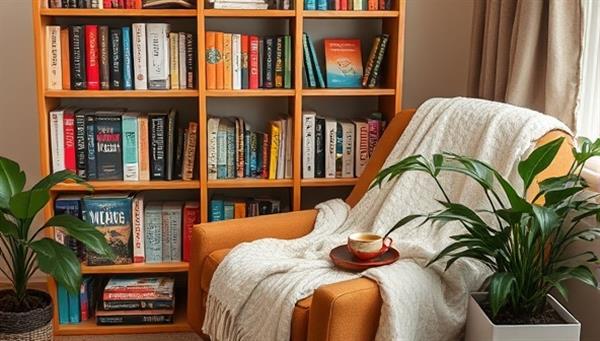 A cozy reading nook setup with a bookshelf filled with wellness and self-help books, a comfortable armchair draped with a soft blanket, a steaming cup of herbal tea, and a potted plant, creating a serene and inviting space for reading and reflection, embodying tranquility and personal growth through literature.