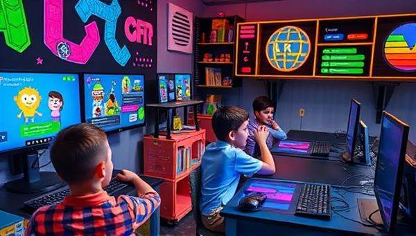 A tech-savvy learning environment with kids engrossed in coding projects on computers, animated characters on screens, and colorful coding blocks, surrounded by futuristic gadgets, digital art displays, and a dynamic and innovative atmosphere that inspires creativity and learning.