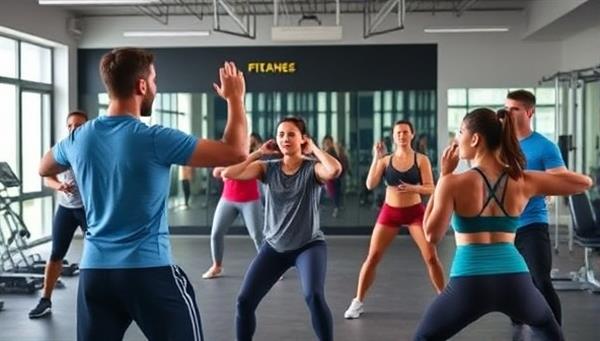 An energetic and dynamic image of a virtual fitness coach leading an interactive workout session with diverse participants in a digital gym setting, illustrating the engaging and supportive fitness environment created by FitSphere for its subscribers.