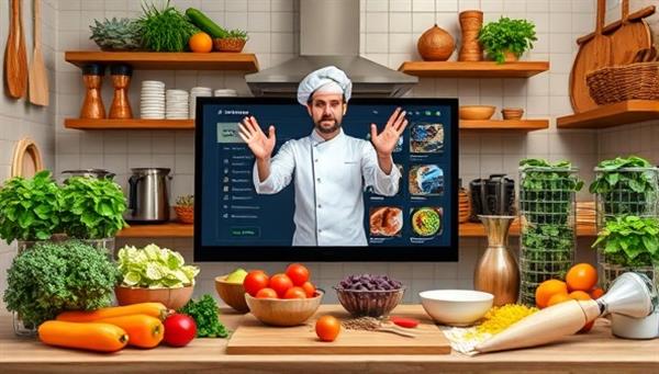 An inviting kitchen setting with a chef leading a virtual cooking class session, showcasing fresh ingredients, cooking utensils, and a digital display of the recipe steps, creating a vibrant and interactive culinary experience that encourages creativity and culinary exploration.