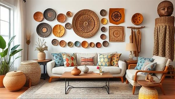 An aesthetically pleasing living room setup adorned with a variety of artisanal home decor items, such as hand-painted ceramics, woven textiles, and wooden sculptures, creating a harmonious and eclectic ambiance that celebrates craftsmanship and culture.