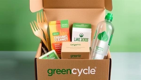 An eye-catching and vibrant promotional image showcasing the contents of a GreenCycle Box, including bamboo utensils, organic soap bars, plant-based cleaning products, and a reusable water bottle, symbolizing a commitment to a sustainable lifestyle.
