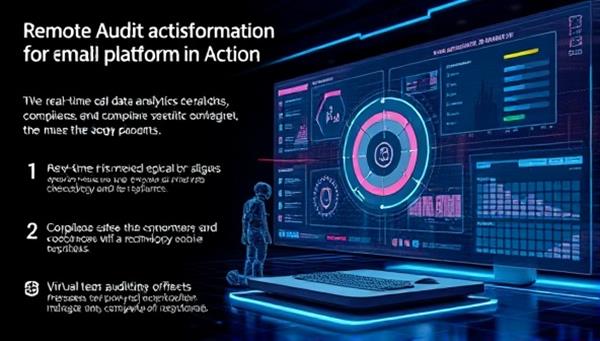 An impactful visualization of the remote audit automation platform in action, displaying real-time data analytics, risk alerts, and compliance status updates, with virtual team collaboration features, illustrating seamless and efficient remote auditing processes, and cutting-edge technology integration.