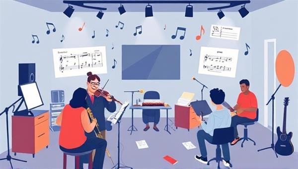 A digital illustration of a virtual music studio with mentors guiding students in playing instruments, singing, and composing music, surrounded by musical notes and instruments, creating a collaborative and inspiring environment for musical growth and mentorship.