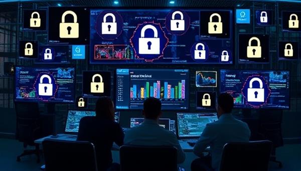 An image of a digital security setup with a team of experts analyzing data privacy protocols on multiple screens, surrounded by secure lock symbols and encrypted data visuals, conveying a sense of protection and vigilance in safeguarding sensitive information.