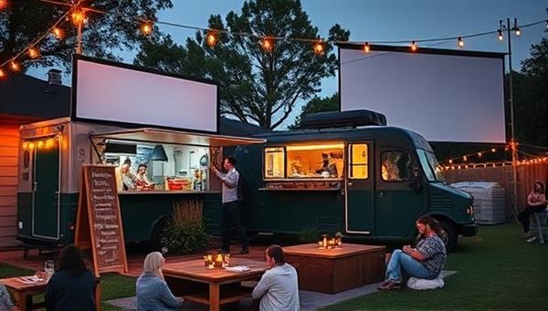 An inviting setup with a food truck parked next to a large outdoor screen, surrounded by cozy seating and string lights, with people enjoying gourmet food and a movie under the stars, capturing the essence of the interactive food truck cinema experience.