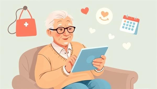 A heartwarming digital illustration depicting an elderly individual engaging with a virtual care coordinator on a tablet, surrounded by symbols of care and support, such as a medical bag, calendar, and friendly icons, showcasing compassion and assistance for seniors.