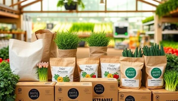 An assortment of sustainable agricultural product packaging options, including compostable bags, biodegradable containers, and recycled paper labels, displayed in a rustic farm market setting, embodying the harmony of eco-conscious farming practices and sustainable packaging solutions.