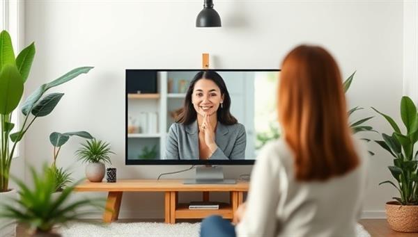 A serene virtual consultation setting with a professional wellness coach on a video call with a client, surrounded by plants and calming decor, conveying a sense of peace and well-being.