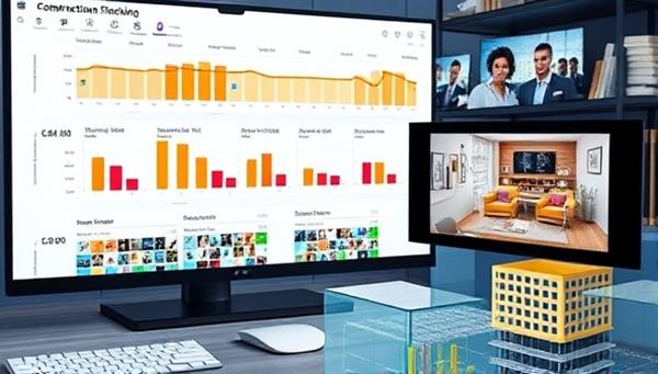 A digital workspace with multiple construction project timelines displayed on a screen, virtual meeting rooms for stakeholder discussions, and a 3D model of a construction site, representing efficient and modern project management practices.