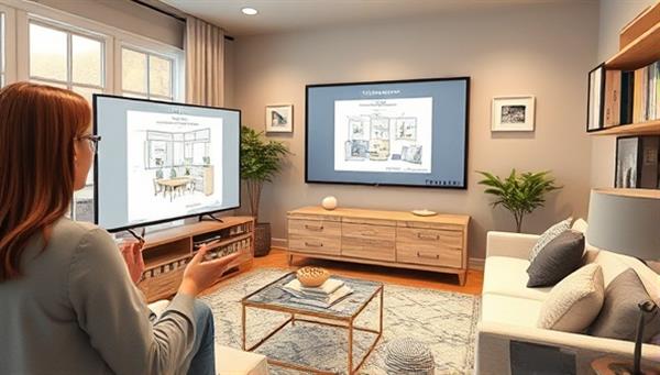A digital rendering showcasing a virtual interior design consultation session with a designer presenting a room layout on a screen, surrounded by swatches, furniture samples, and decor ideas, creating an immersive and creative design experience.