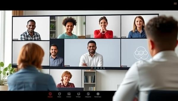 An engaging visual of a virtual workshop setting with a diverse group of participants on a video call, interacting with a financial expert presenting financial wellness tips and strategies on the screen, fostering a sense of community and learning.