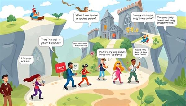 An animated scene of diverse characters navigating through a digital language learning game world, interacting with vocabulary challenges, grammar quests, and conversational scenarios, illustrating the fun and immersive nature of LingoQuest.