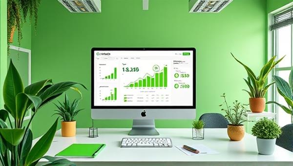An innovative visual representation of GreenLedger showcasing a green-themed office environment with sustainable accounting reports on the screen, eco-friendly office supplies, and plant decor, symbolizing the integration of sustainability and finance in a visually appealing and eco-conscious manner.