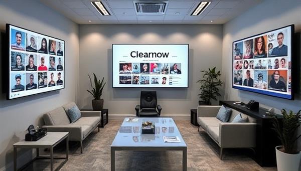 A sleek virtual office environment with digital screens showcasing the profiles and content of represented creators, surrounded by modern furnishings and branding materials, embodying the professional and dynamic nature of CreativeSphere Agency.