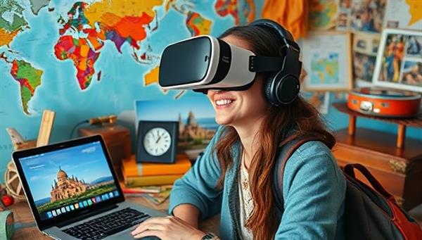 An inspiring travel scene featuring a traveler immersed in a virtual reality travel experience, exploring a vibrant and exotic destination through a VR headset, surrounded by travel memorabilia and a laptop showcasing travel blogs and guides, igniting wanderlust and curiosity in the viewer.