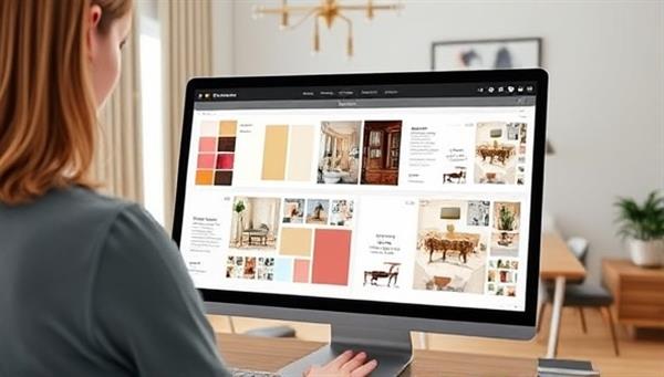 A digital depiction of a virtual interior design consultation session, featuring a designer showcasing color swatches, furniture layouts, and decor ideas on a computer screen, with a cozy and stylish room setting in the background, highlighting the creativity and expertise of virtual design services.