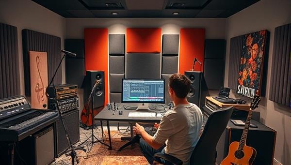 An immersive virtual music production studio setup featuring a student exploring audio tracks on a computer, surrounded by musical instruments, studio equipment, and soundproofing panels, encapsulating a creative and professional music production environment.