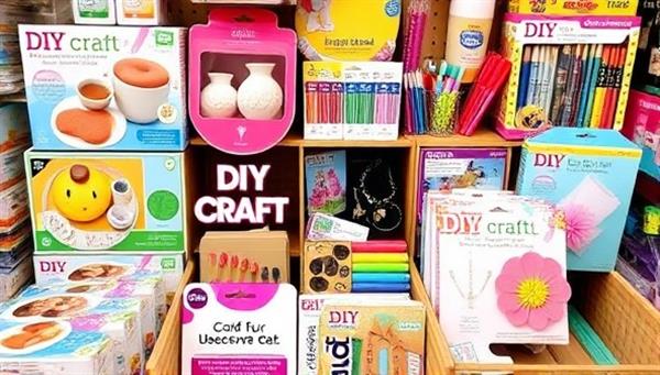 A colorful and inviting display of DIY craft kits, featuring a variety of materials, tools, and project examples like painted pottery, beaded jewelry, and handcrafted cards, arranged in an organized and visually appealing manner to showcase the creative possibilities and crafting fun awaiting subscribers.