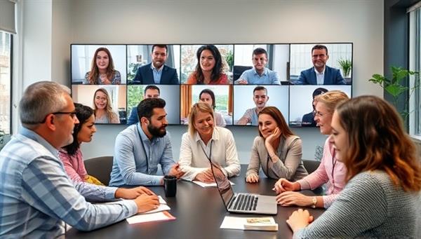 A virtual team meeting scene with diverse team members actively participating in a collaborative activity, facilitated by a remote team-building expert, showcasing engagement and teamwork in a digital workspace.