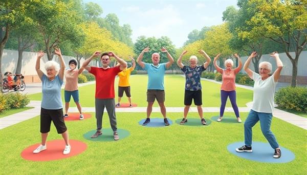 A heartwarming illustration showcasing a virtual fitness class for seniors with diverse elderly participants engaged in exercises, stretching, and social interactions, set against a backdrop of a serene virtual park, promoting active and healthy aging.