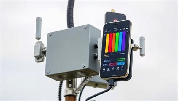 An autonomous mobile signal booster mounted on a rugged outdoor pole, with signal strength bars visibly increasing on a smartphone screen, symbolizing enhanced connectivity in remote areas.