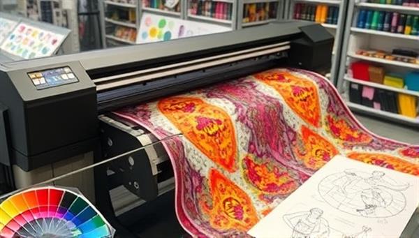 A digital fabric printing machine in action, transforming a vibrant and intricate textile design onto a roll of fabric, surrounded by color swatches and design sketches, capturing the essence of creativity and innovation in fabric printing.