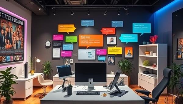 A dynamic design studio environment with clients interacting with digital elements using voice commands, with colorful speech bubbles and voice recognition technology in action, illustrating the seamless and intuitive design process.