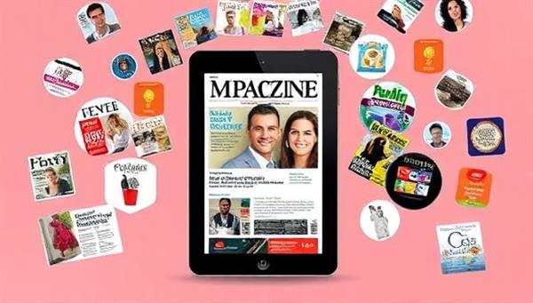 An engaging visual of a digital device displaying a customized magazine cover with personalized content recommendations, surrounded by icons representing different magazine genres and topics, illustrating the versatility and personalization options of the digital magazine subscription service.