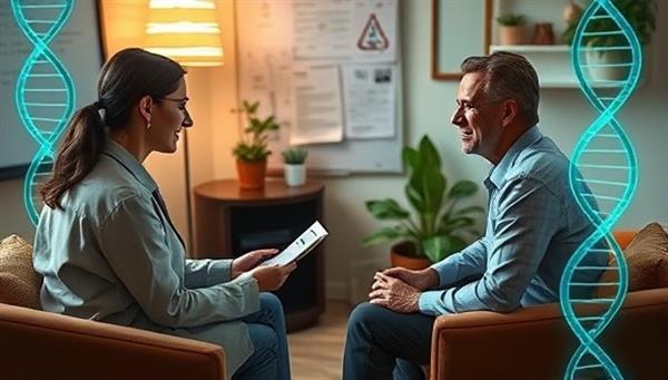 An insightful image of a genetic counselor discussing test results with a client in a cozy consultation room, with a DNA helix illustration and medical charts in the background, conveying personalized care and genetic expertise.