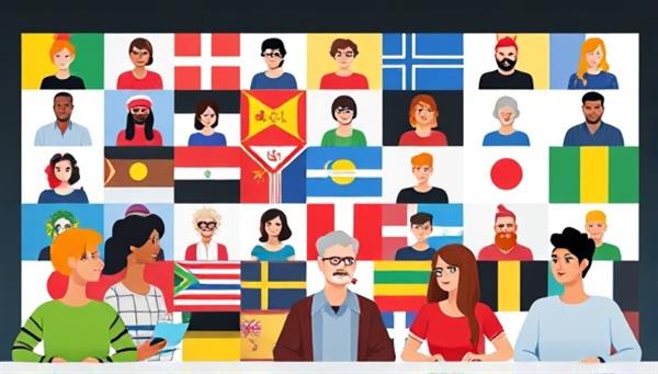 A colorful and diverse online meeting room with avatars representing participants from different countries engaging in lively language discussions, symbolizing cultural exchange and learning.
