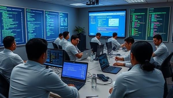 A cybersecurity training session in progress with participants engaged in interactive exercises, analyzing network security logs, conducting vulnerability assessments, and responding to simulated cyber threats, showcasing hands-on learning and practical cybersecurity skills development in a telecom context.