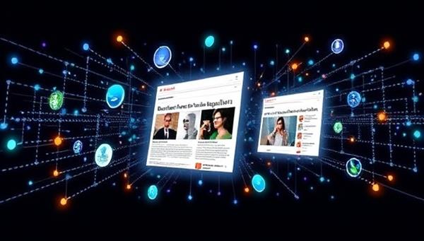 A dynamic visual representation of the NativeAI Engage platform in action, showing AI algorithms analyzing content and seamlessly integrating native ads that match the style and context of online articles, emphasizing the automated and personalized nature of the service.