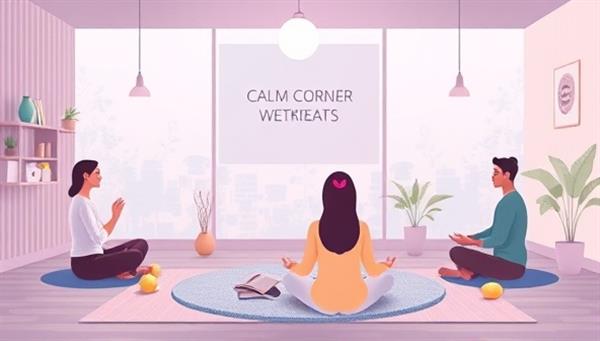 A serene digital illustration of a Calm Corner Retreats virtual stress management workshop with participants engaging in relaxation exercises, meditation practices, and group therapy discussions, surrounded by calming visuals and supportive elements for emotional well-being.