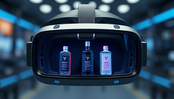 A virtual reality headset displaying a branded product placement within a VR environment, showcasing the seamless integration of the product into a digital experience, creating an immersive and engaging showcase for the brand.