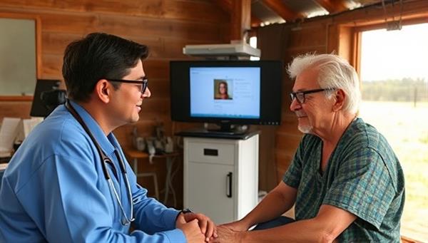 A healthcare provider conducting a virtual consultation with a patient in a rural setting, with medical equipment visible in the background, showcasing the convenient and accessible healthcare services facilitated by TeleHealth Reach.