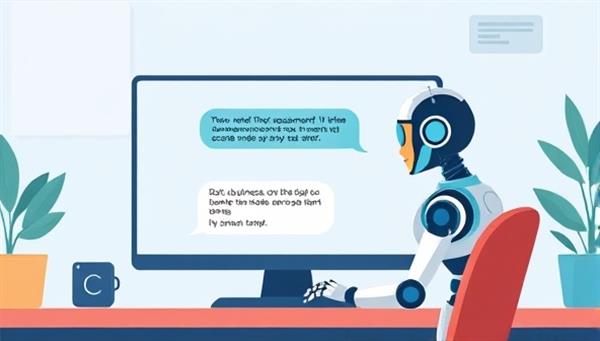 An illustration of the BotAccountant chatbot engaging with a business owner on a computer screen, displaying a conversation where the chatbot provides instant accounting advice and solutions, representing efficient and automated accounting support.