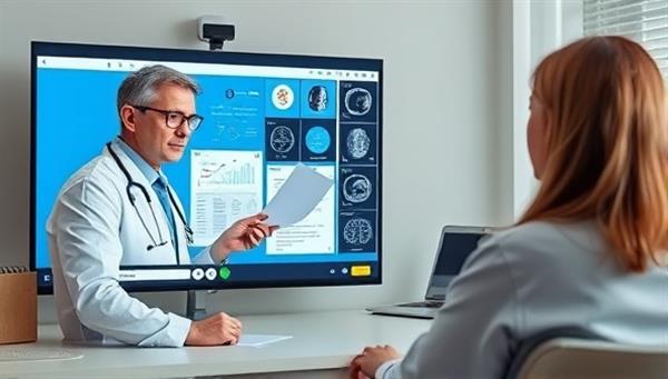 A professional image of a virtual medical consultation taking place, showcasing a specialist physician discussing medical reports with a patient via video call, with medical charts and diagnostic images displayed on the screen, conveying expertise and reassurance in remote medical consultations.
