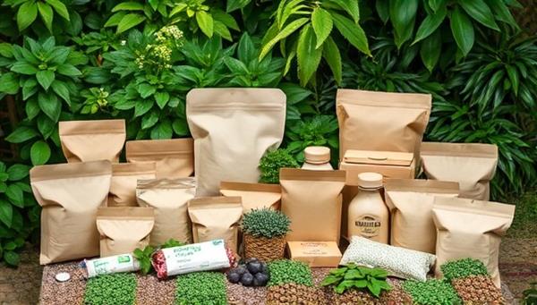 A diverse array of biodegradable packaging options displayed in a natural setting, blending harmoniously with greenery and emphasizing the eco-friendly and sustainable aspects of the products.