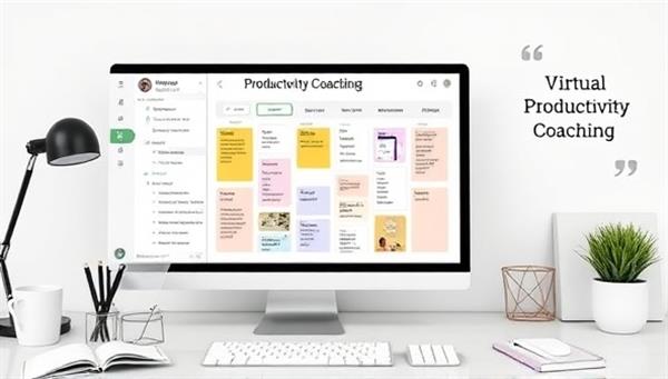 An engaging virtual productivity coaching session featuring a digital task board, time management tools, and motivational quotes, creating a productive and focused atmosphere for personal growth and efficiency enhancement.
