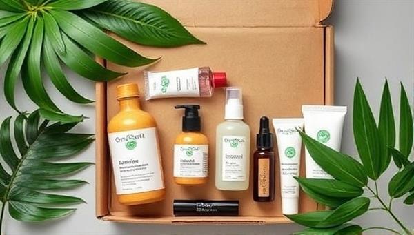An aesthetically pleasing flat lay image featuring the contents of the GreenGlow Box, including bamboo skincare containers, recycled packaging materials, organic makeup products, and a leafy plant, symbolizing sustainability and natural beauty.