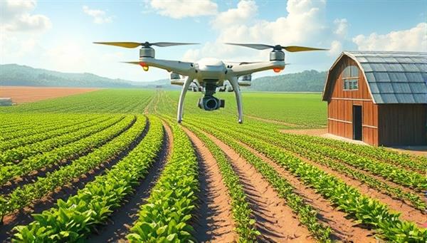 An engaging digital illustration showing a futuristic farm setting with automated drones, sensors, and data analytics systems working seamlessly to optimize crop production, illustrating the concept of smart farming technology integration.