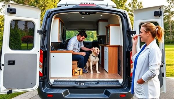 A modern van converted into a mobile veterinary clinic, with a veterinarian tending to a patient inside while a happy pet owner observes from outside, showcasing the convenience and personalized service of Vet on Wheels.