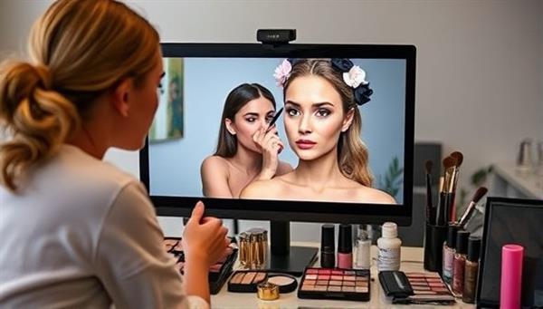 An engaging image of a virtual makeup class session, featuring a makeup artist demonstrating techniques on a model through a screen, with makeup products and tools neatly arranged in the background, creating an immersive learning experience.