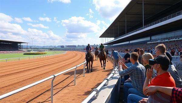 An immersive virtual reality scene of a horse racing track with detailed horse models, jockeys, and enthusiastic spectators cheering on the races, capturing the excitement and energy of live horse racing events in a virtual setting, enhancing the player