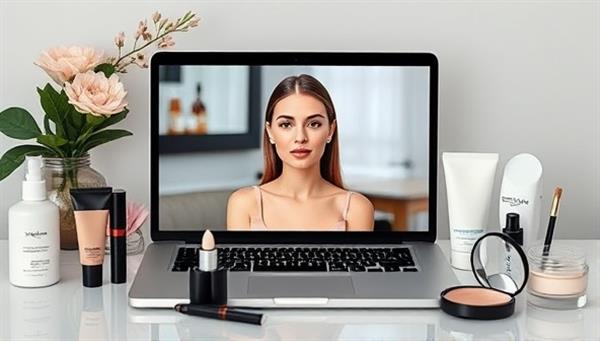 A sleek and modern virtual beauty consultation setup with a laptop displaying a video call with a beauty consultant, surrounded by a variety of skincare and makeup products, creating a professional and personalized beauty experience.