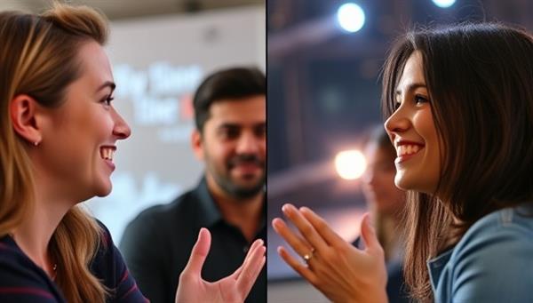 A split-screen image showing a fan interacting with a celebrity through a virtual meet-and-greet session, with both parties smiling and engaging in conversation, creating a sense of connection and excitement in the virtual celebrity interaction experience.